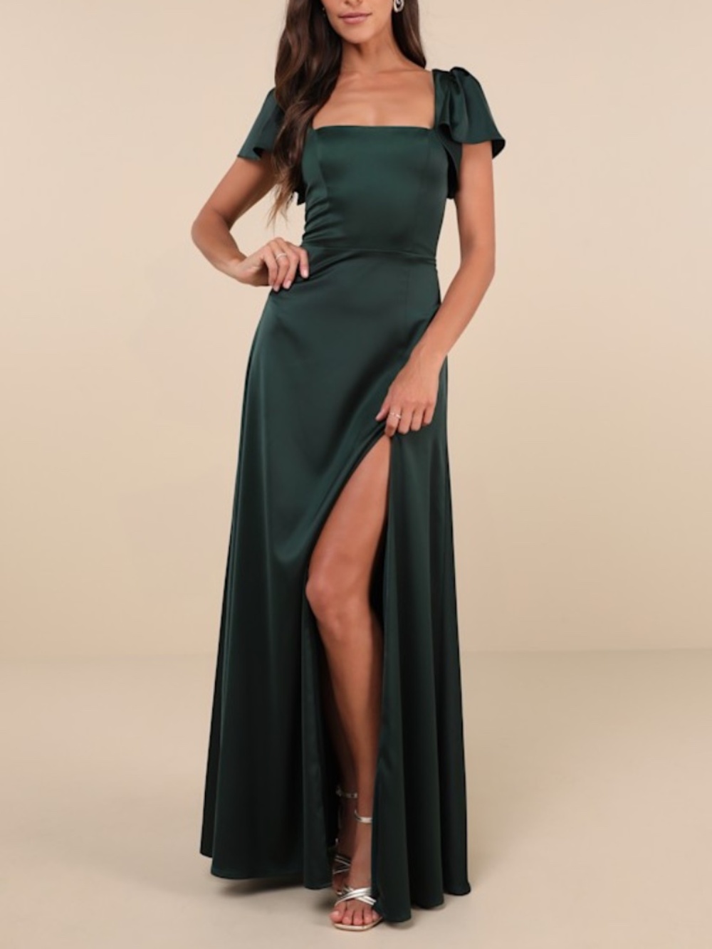 Lulus Ultimate Sweetness Emerald Green Satin Flutter Sleeve Maxi Dress - Size M